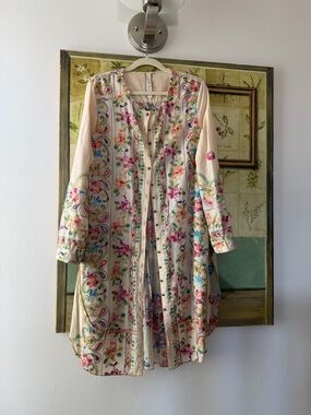 Cream Floral Embroidered Longline Button Front Tunic